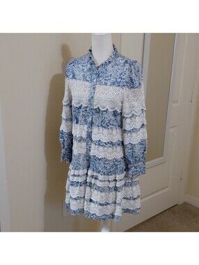 Hyacinth House Women’s S Blue/White Floral Lace Shirt Dress Lined #944